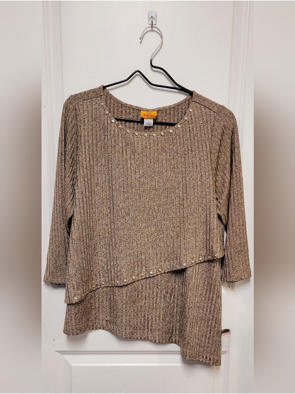 Ruby Rd. Gold Shimmer Rivet Trim Long Sleeve Knit Bouse